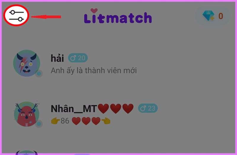 alt text: Nút điều chỉnh tuổi và giới tính trên Litmatch