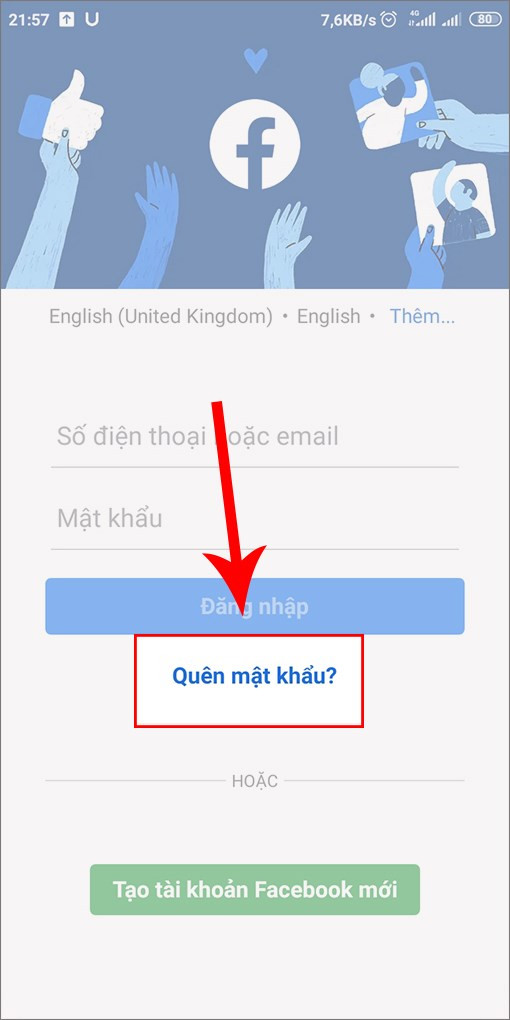 alt text: Nút Quên mật khẩu trên màn hình đăng nhập Facebook