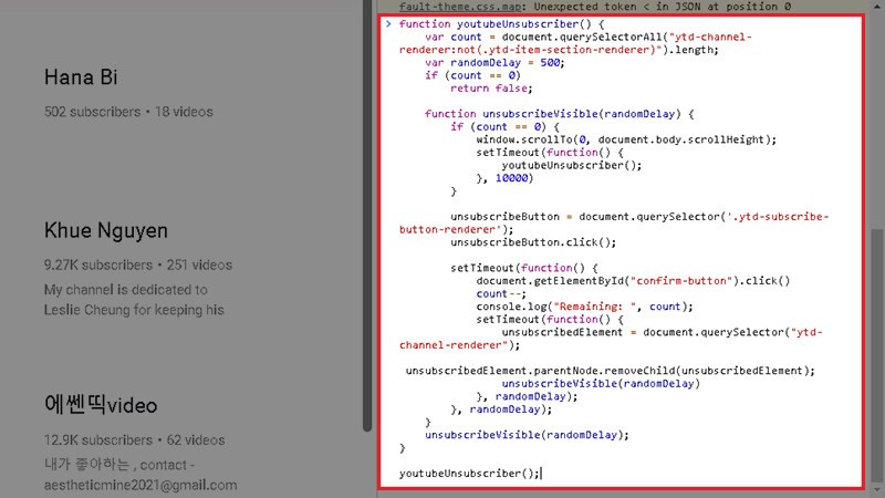 alt text: Sử dụng code để hủy đăng ký nhiều kênh YouTube