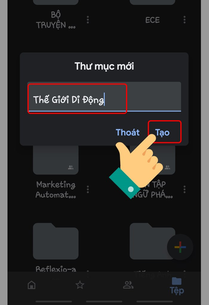 alt text: Tạo thư mục mới trên Google Drive điện thoại