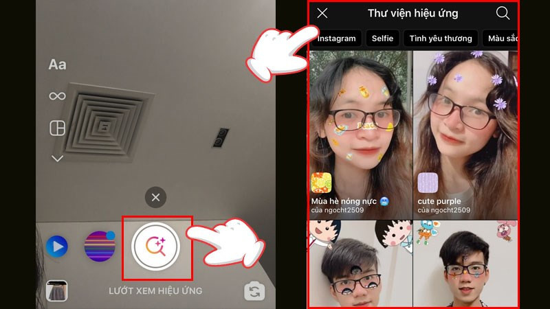 alt text: Thư viện hiệu ứng đa dạng trên Instagram