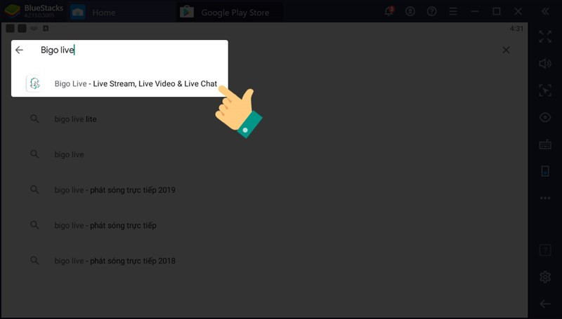 alt text: Tìm kiếm Bigo Live trên BlueStacks