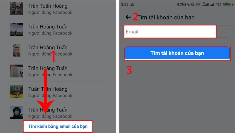 alt text: Tìm kiếm tài khoản bằng email