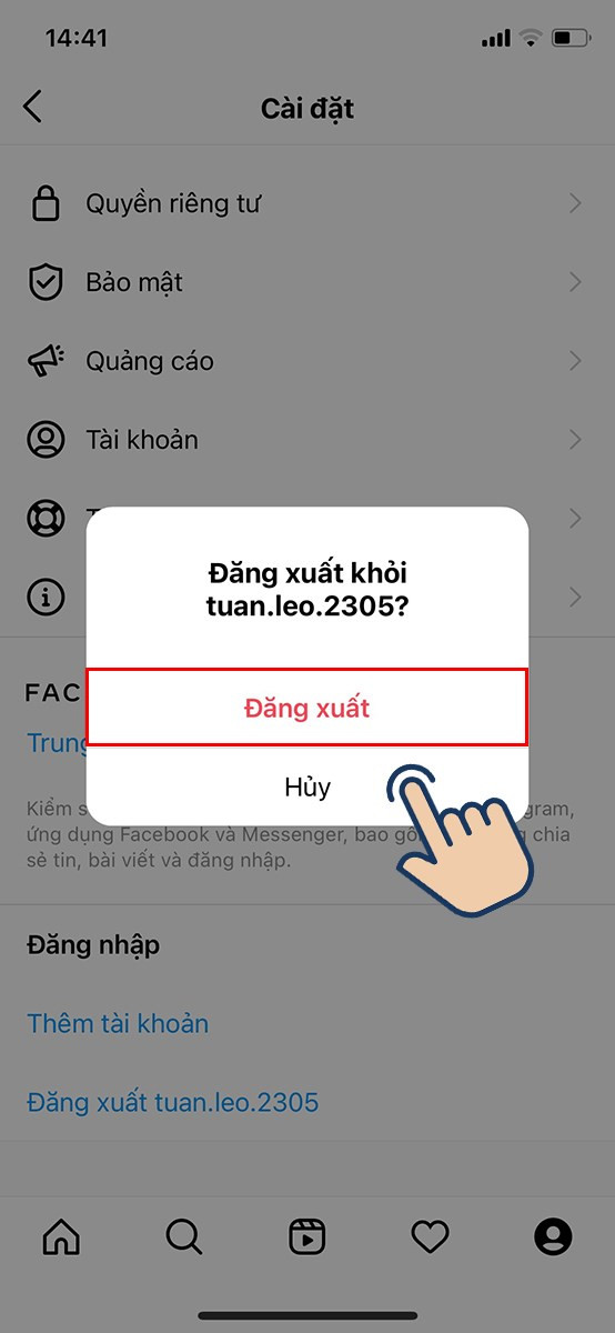 alt text: Xác nhận đăng xuất Instagram trên điện thoại