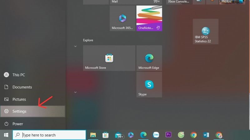 alt="Mở Settings từ Start Menu"