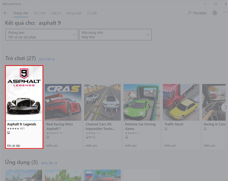 Ảnh minh họa tìm kiếm Asphalt 9 trên Microsoft Store