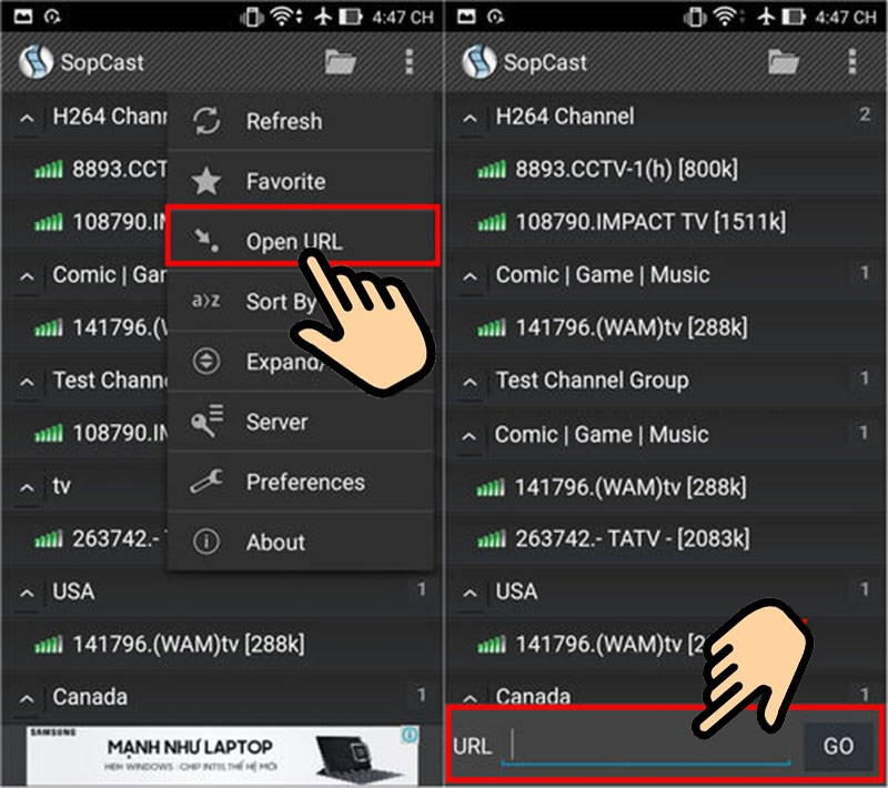 Bấm chọn Open URL, nhập địa chỉ