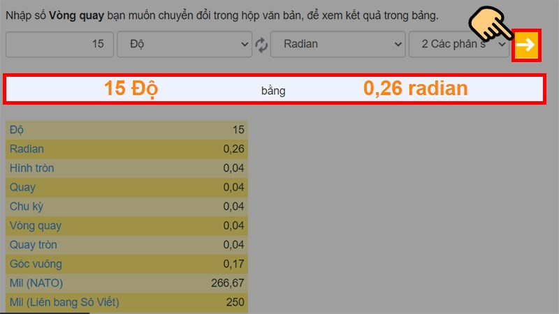 Bấm n&uacute;t mũi t&ecirc;n v&agrave; kết quả sẽ hiển thị ngay b&ecirc;n dưới