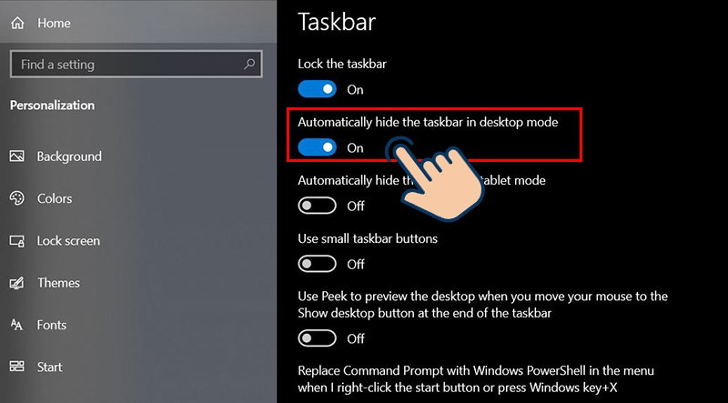 Bật Automatically hide the taskbar in desktop mode