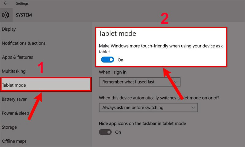 Bật Tablet Mode trong Windows Settings