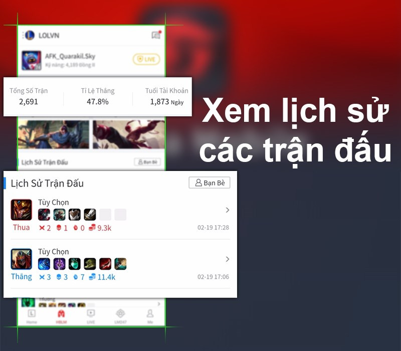 C&oacute; thể xem lịch sử c&aacute;c trận đấu tại Garena ứng dụng 