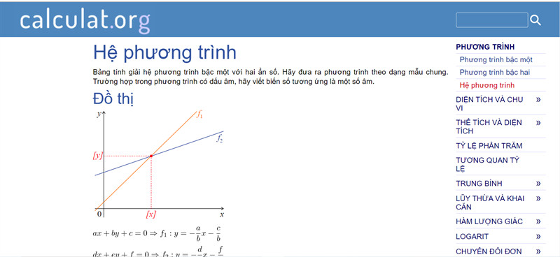 calculat.org - Giải hệ phương tr&igrave;nh bậc một với hai ẩn số