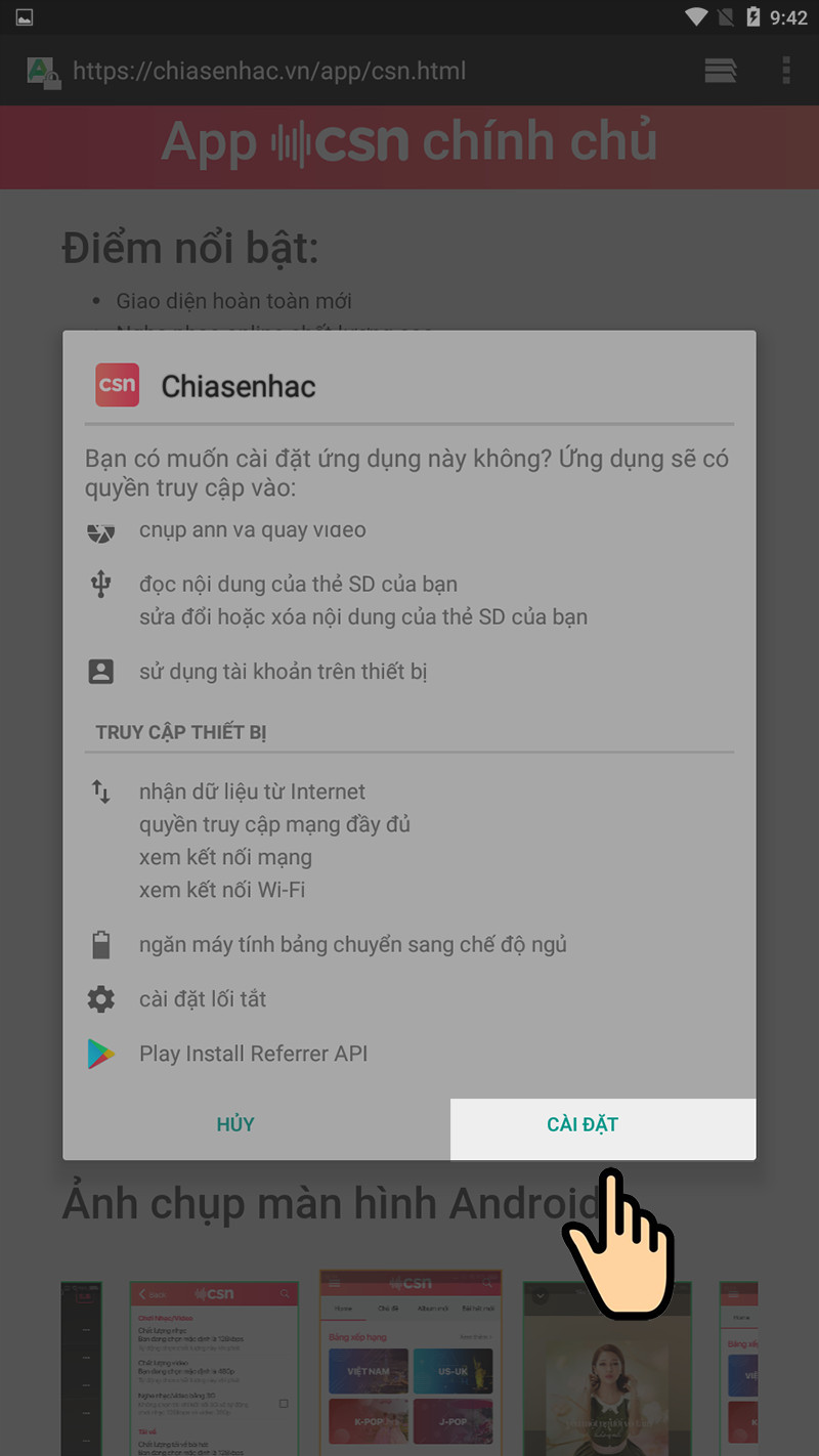 Cấp quyền cho app chiasenhac.vn