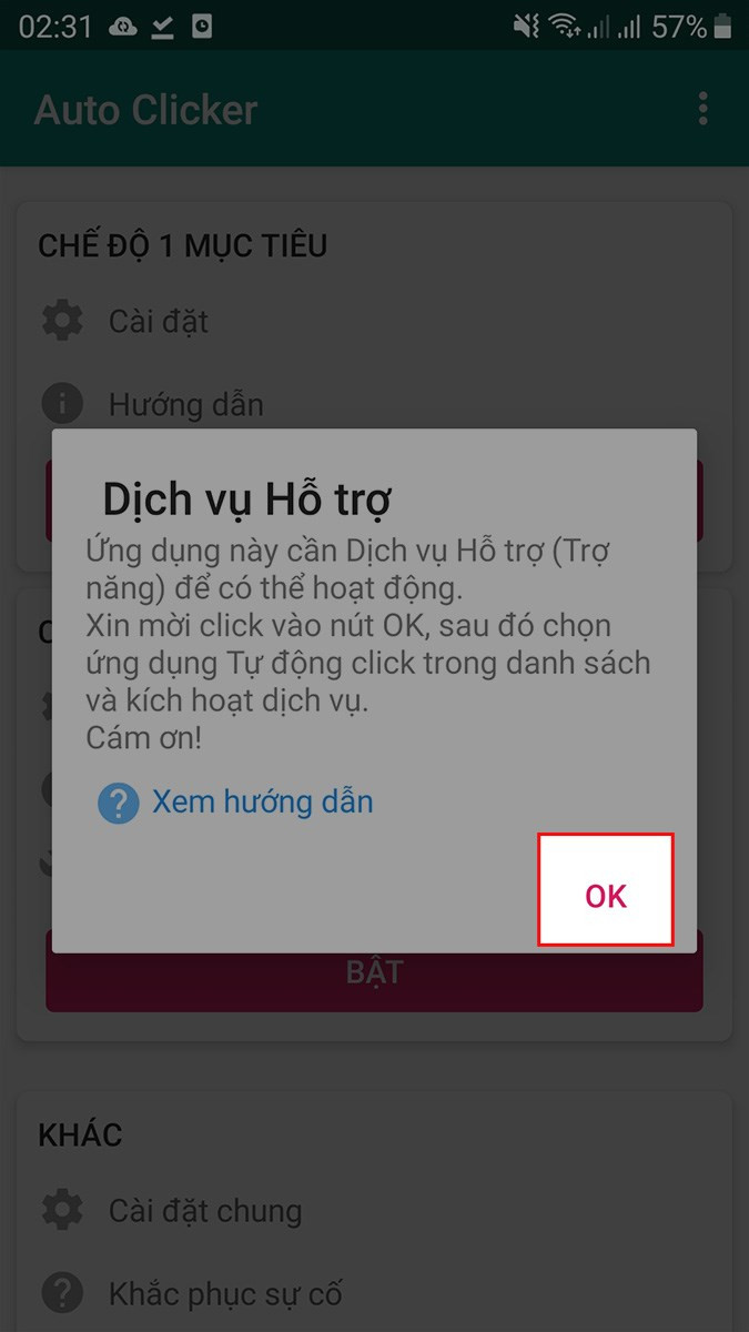 Cấp quyền cho ứng dụng Auto Click