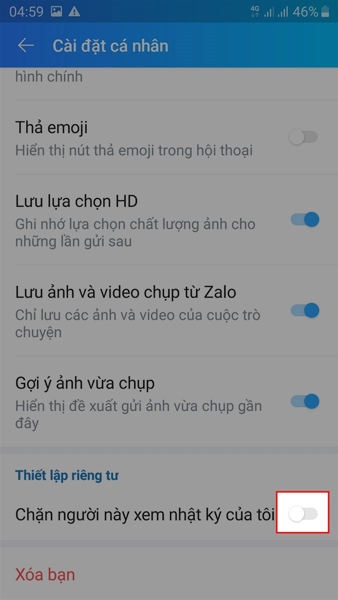 Chặn xem nhật ký Zalo