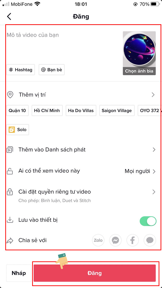 Chia sẻ hoặc gắn hastag, check in rồi đăng video clip vừa tạo tr&ecirc;n TikTok 