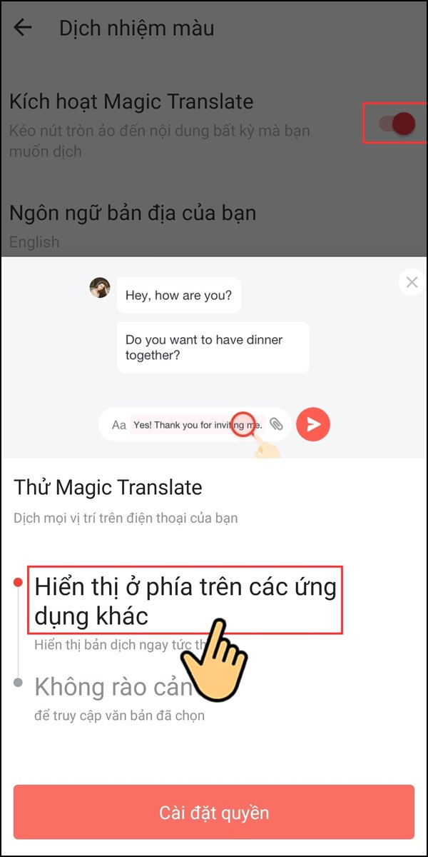 Cho phép hiển thị trên ứng dụng khác