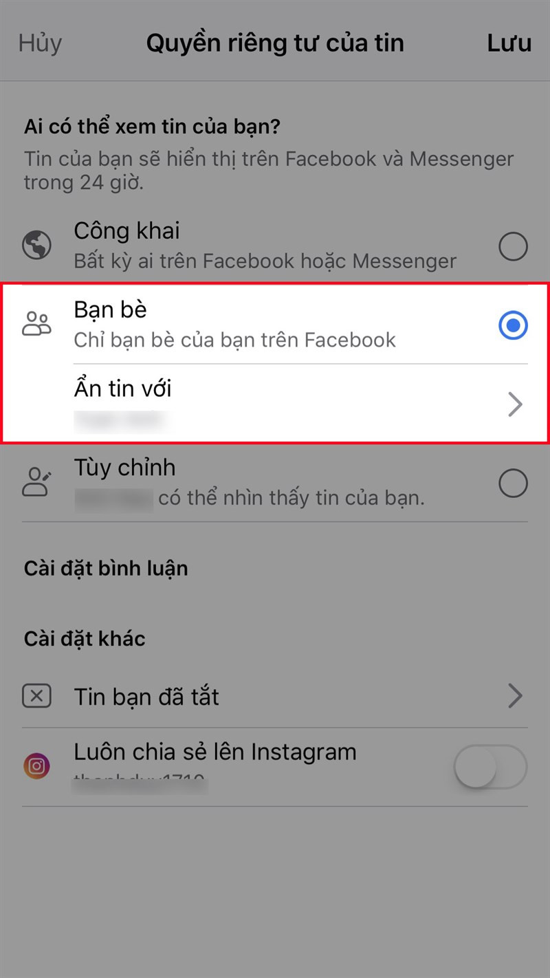 Chọn "Bạn bè" và sau đó chọn "Ẩn tin với"