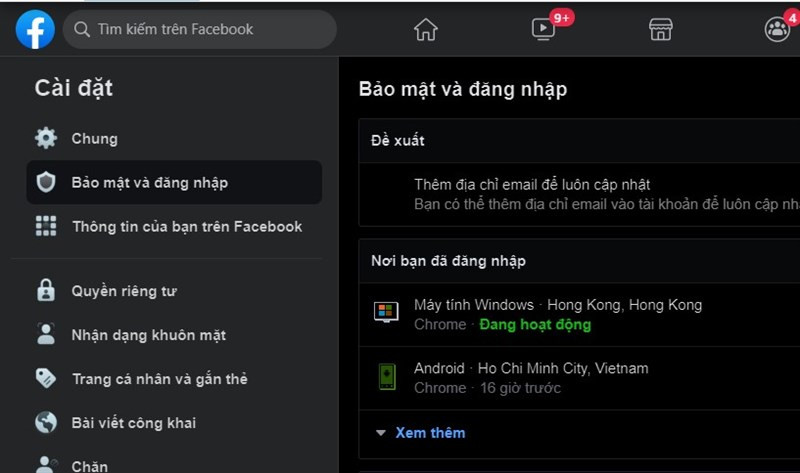 Chọn Bảo mật và Đăng nhập