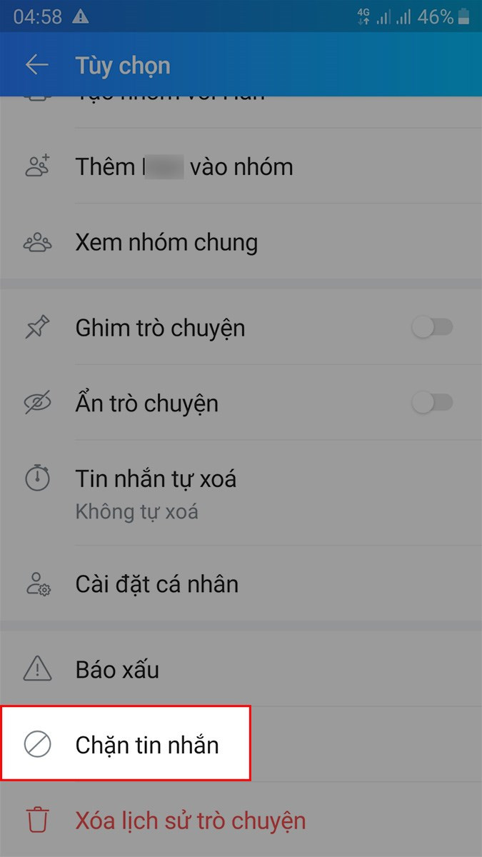 Chọn chặn tin nhắn