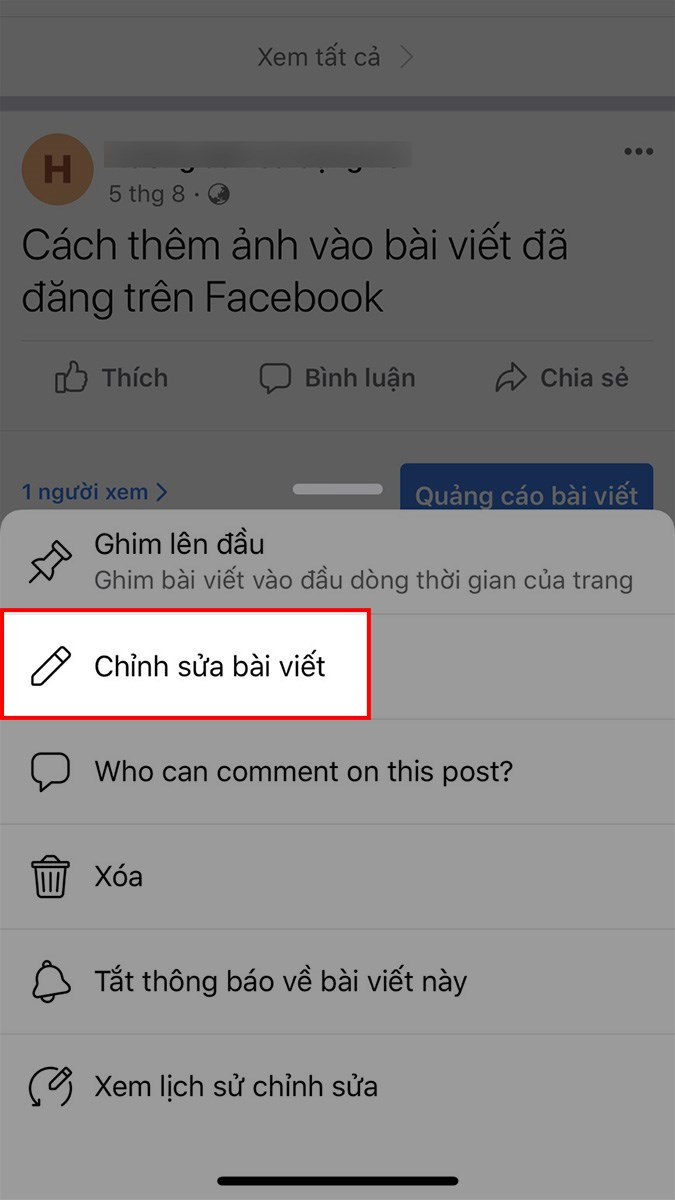 Chọn chỉnh sửa bài viết Facebook