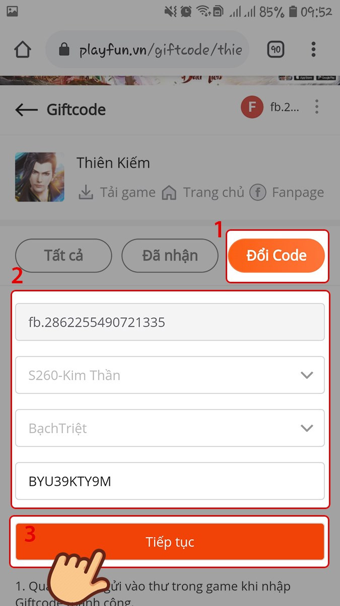 Chọn Đổi code. Chọn server, t&ecirc;n nh&acirc;n v&agrave; nhập Giftcode v&agrave; chọn Tiếp tục