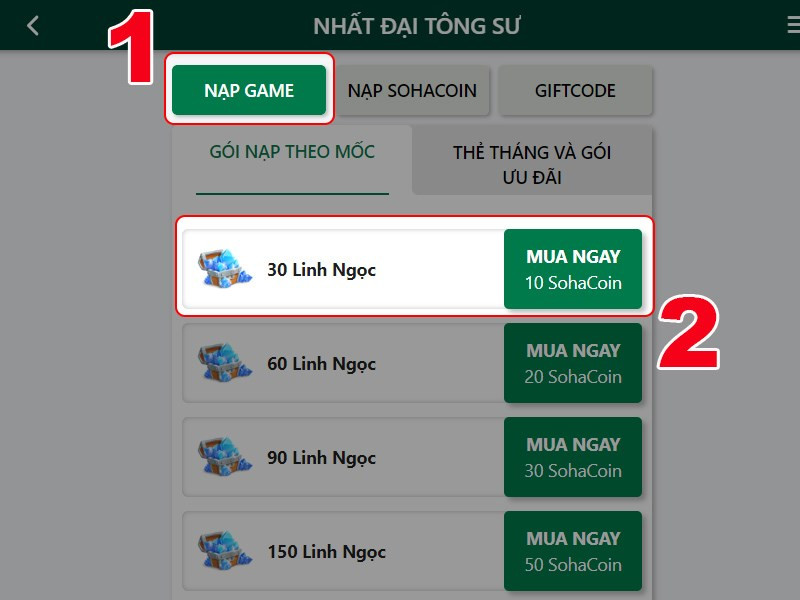 Chọn gói nạp Linh Ngọc