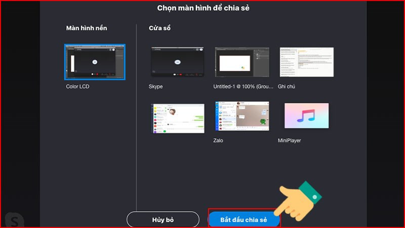 Chọn màn hình cần chia sẻ trên Skype