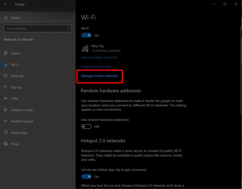 Chọn Manage known networks