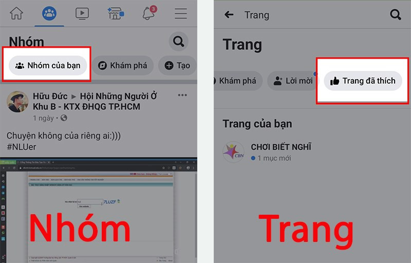 Chọn mục nhóm của bạn, trang bạn thích