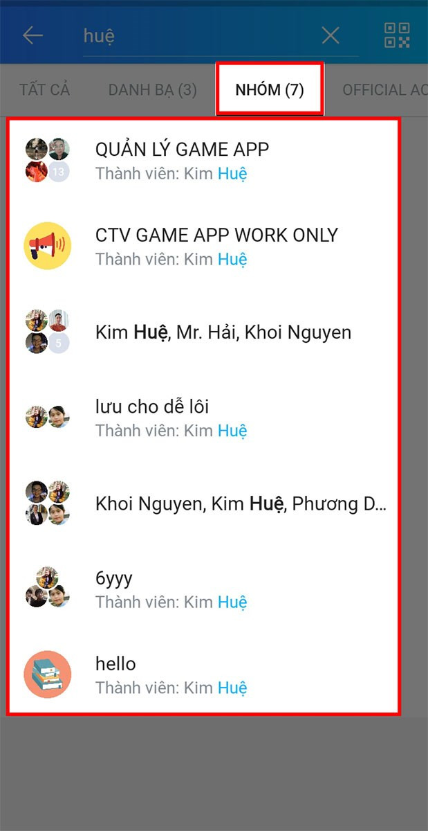 Chọn mục Nhóm và tìm nhóm Zalo mình cần