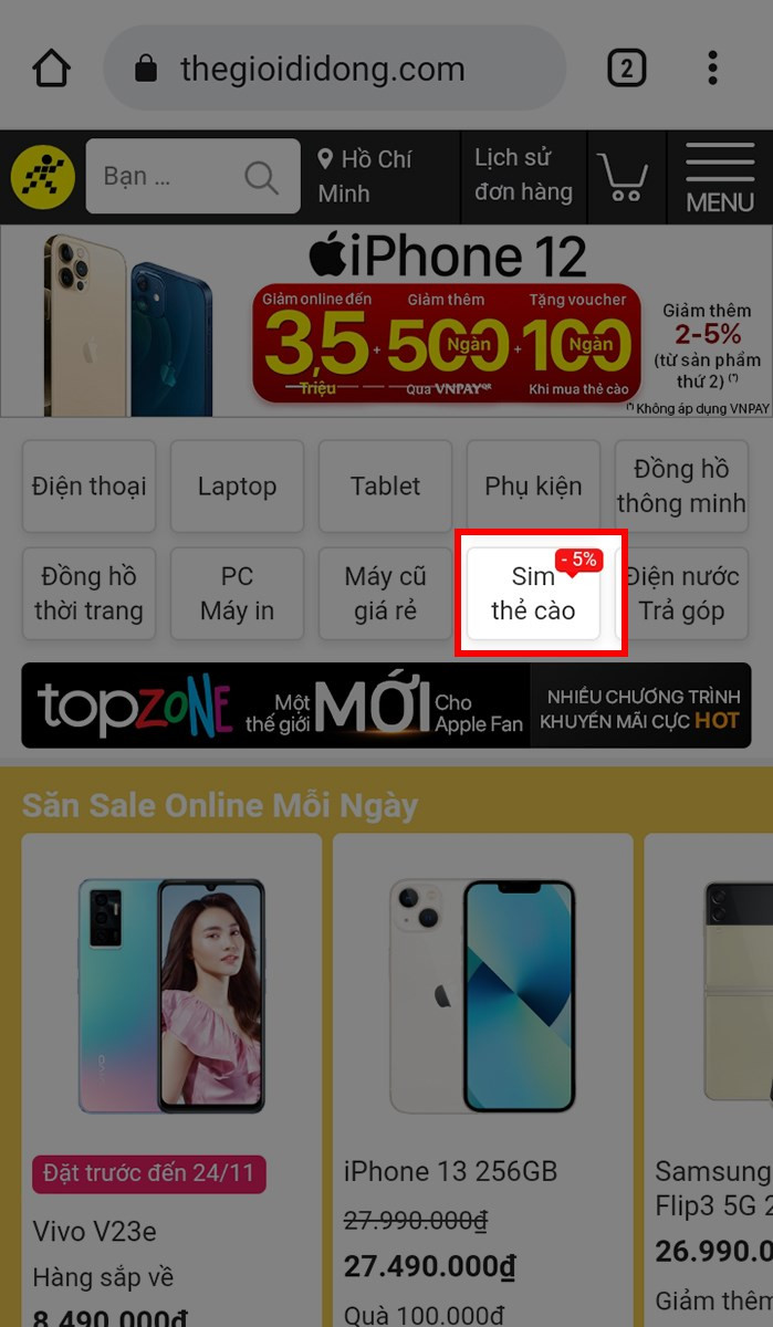 Chọn mục Sim, thẻ cào trên website Thế Giới Di Động