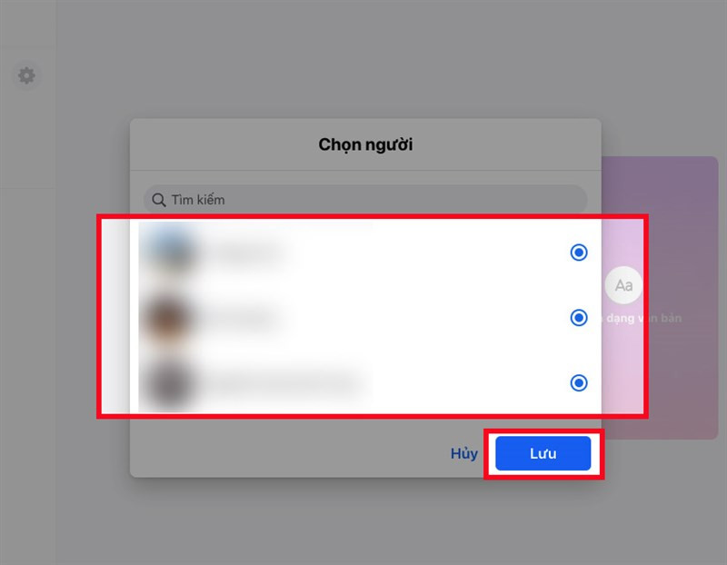 Chọn người bạn muốn chặn và nhấn "Lưu"