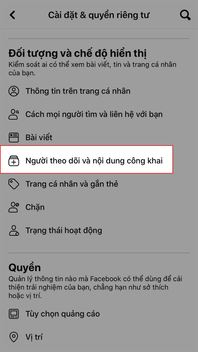 Chọn Người theo dõi và nội dung công khai