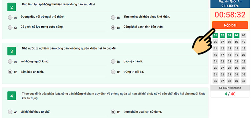Chọn nút Nộp bài để hoàn thành bài thi