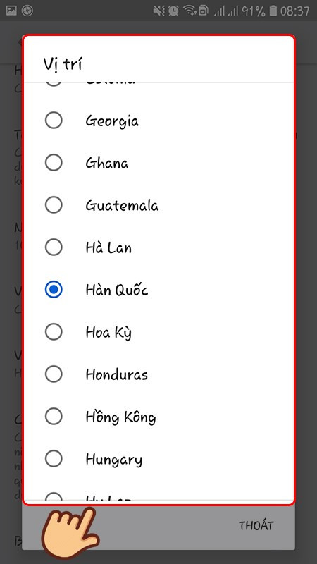 Chọn quốc gia trên điện thoại