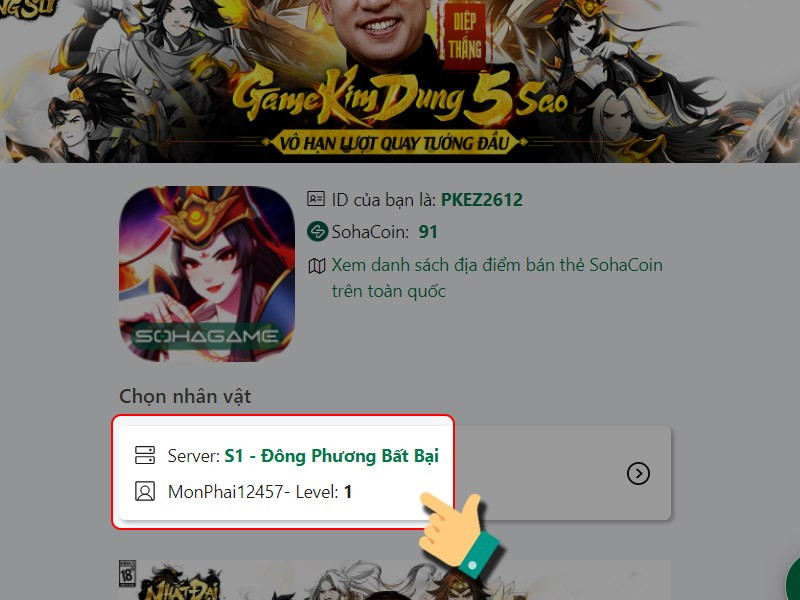 Chọn server và nhân vật