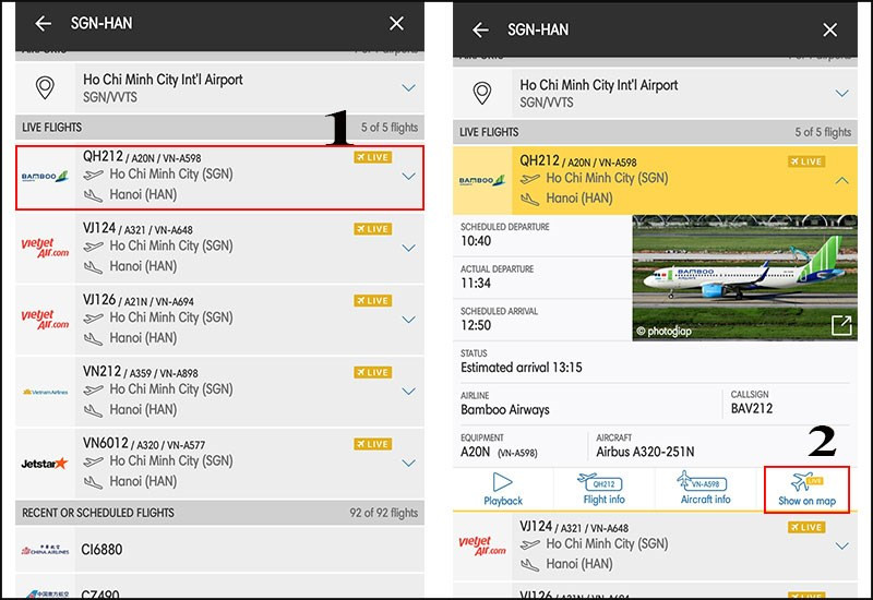 Chọn Show on map để theo dõi hành trình bay.