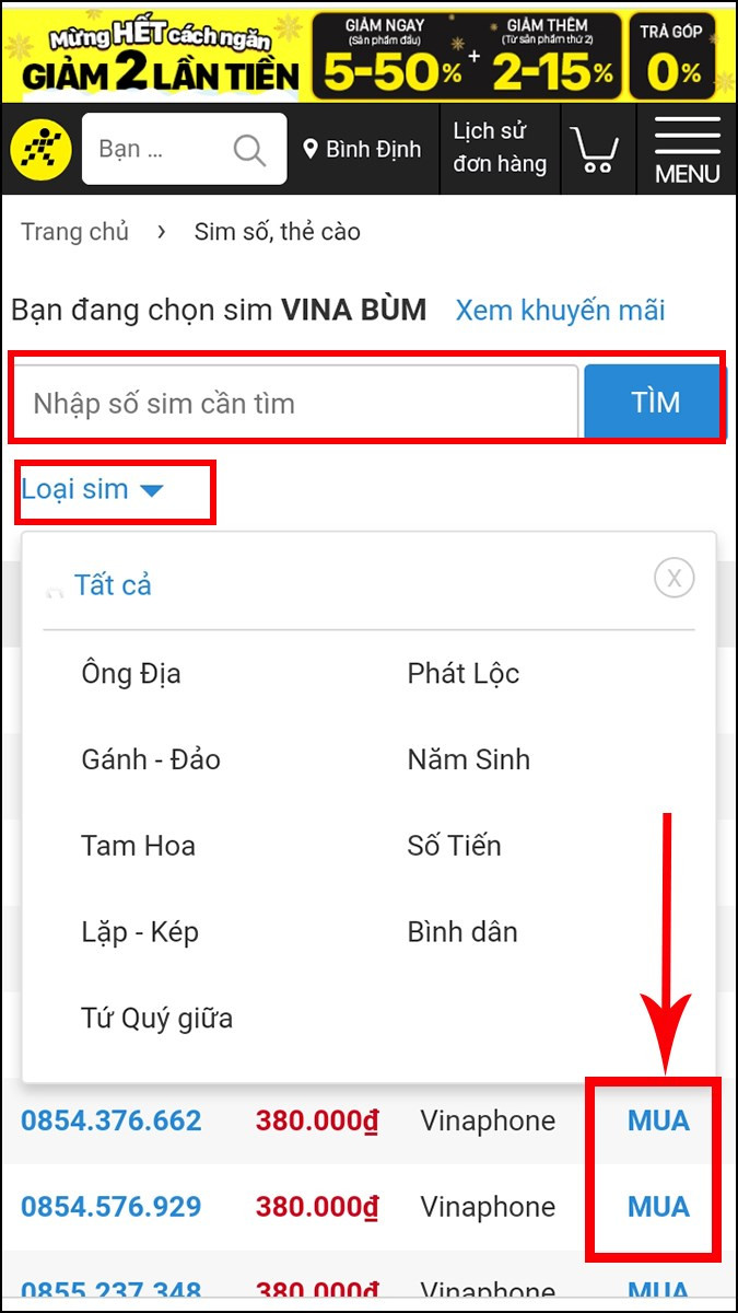 Chọn số sim và đặt mua