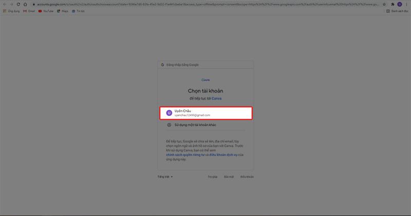 Chọn tài khoản Google để đăng nhập