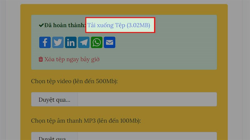 Chọn&nbsp;Tải xuống Tệp&nbsp;để tải video đ&atilde; được gh&eacute;p nhạc về m&aacute;y