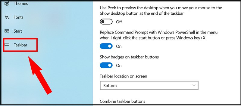 Chọn Taskbar trong Personalization