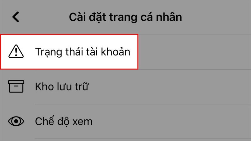 Chọn Trạng th&aacute;i t&agrave;i khoản để kiểm tra xem bạn c&oacute; nhận được cảnh b&aacute;o từ Facebook hay kh&ocirc;ng