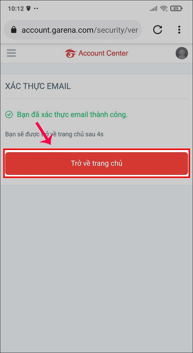 Chọn Trở về trang chủ để kiểm tra Email thay đổi