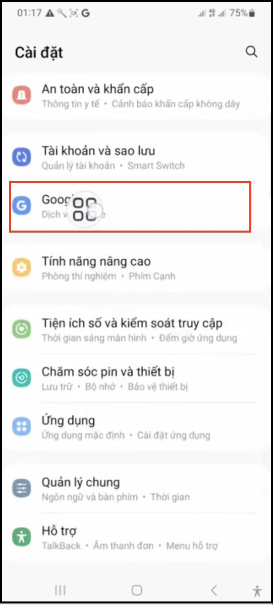 Chọn vào mục Google