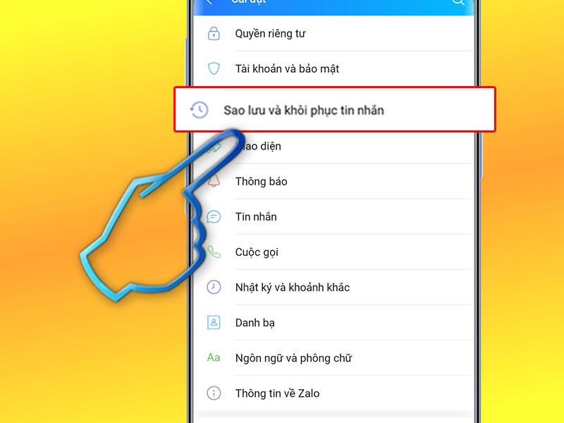 Chọn vào phần Sao lưu và khôi phục tin nhắn