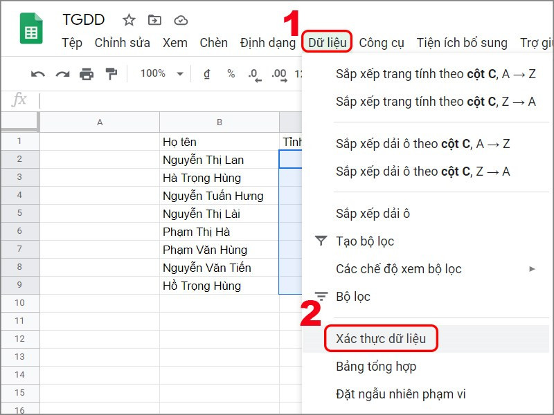 Chọn Xác thực dữ liệu