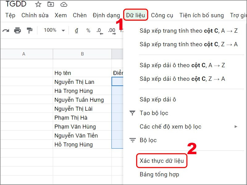 Chọn Xác thực dữ liệu