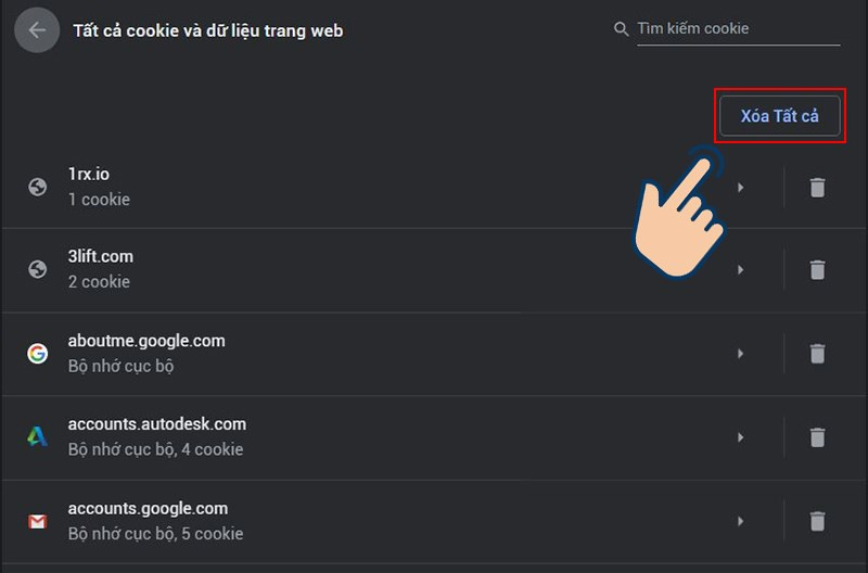 Chọn Xoá tất cả để xoá toàn bộ Cookie