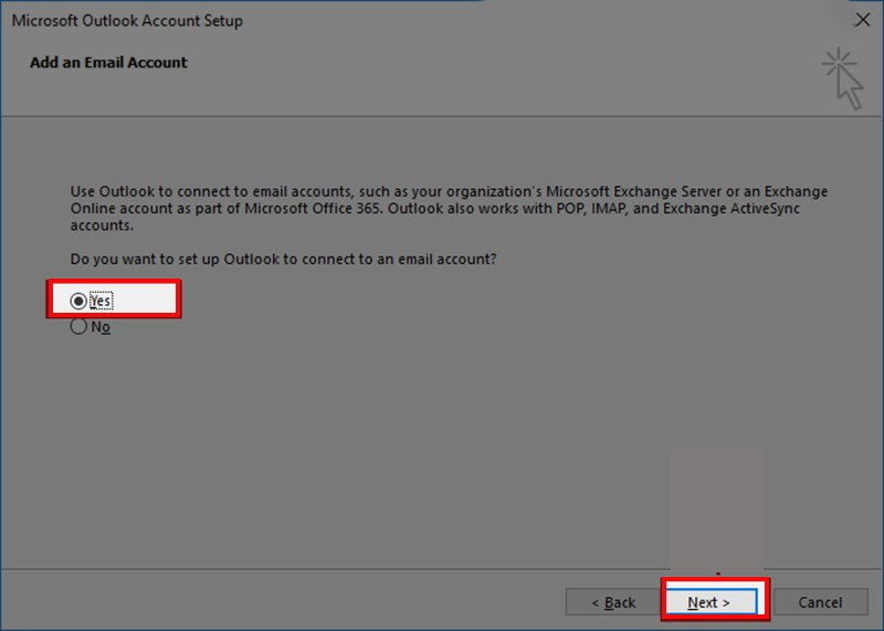 Chọn Yes và Next ở giao diện Add an Email Account